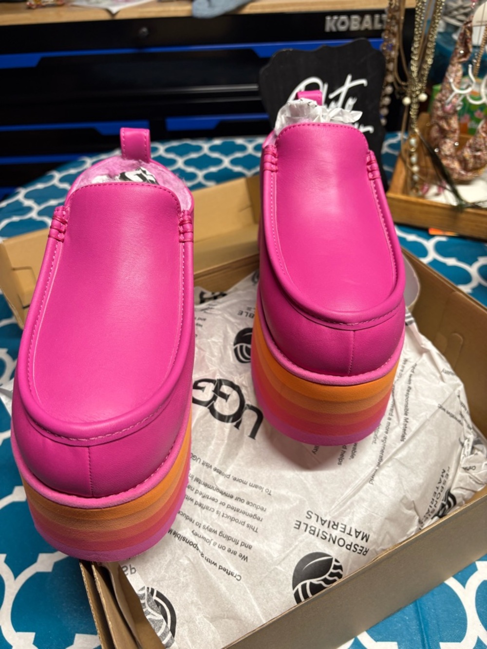 Uggs Woman’s raspberry/orange Slip-On Moccasin Shoes Brand New with box
